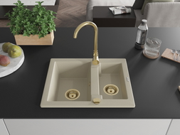 Mexen Carlos 1.5-bowl granite sink with Telma kitchen faucet, beige - 6518-69-670200-50