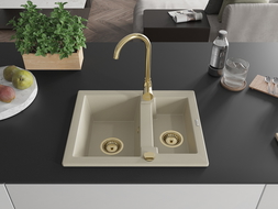 Mexen Carlos fregadero de granito de 1,5 senos con grifo de cocina Telma, beige - 6518-69-670200-50