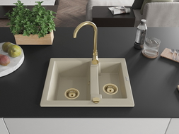 Mexen Carlos granite sink 1.5-bowl with Telma kitchen tap, beige - 6518-69-670200-50