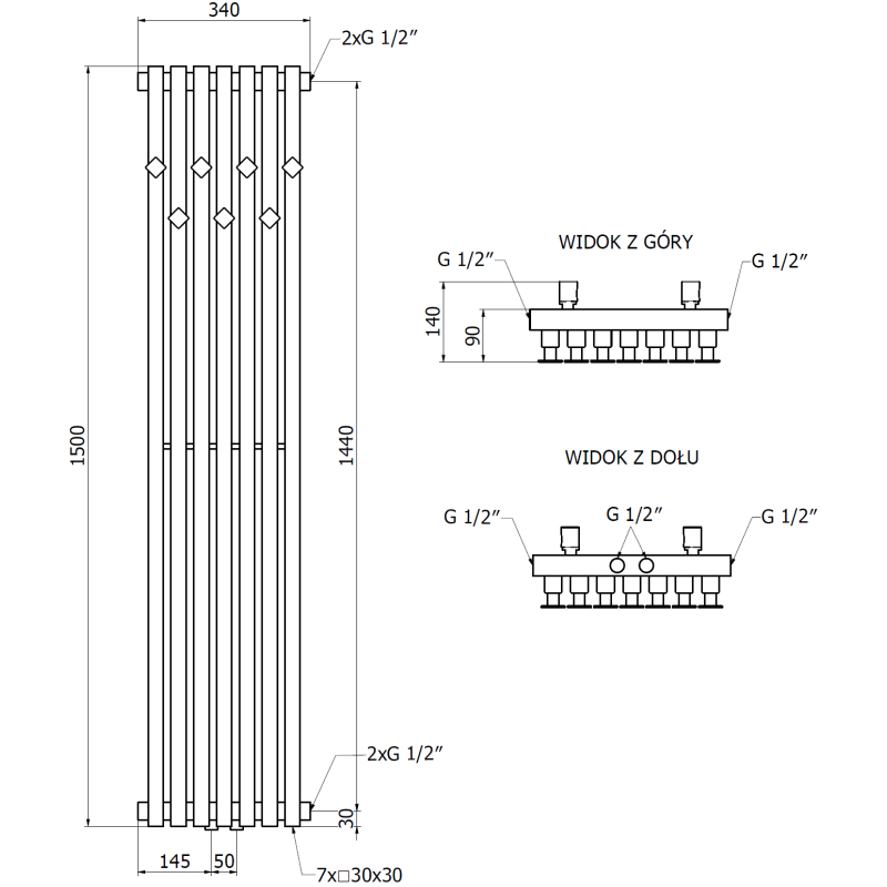 Mexen Flux decoratieve badkamerradiator 1500 x 340 mm, 630 W, antraciet - W127-1500-360-00-66