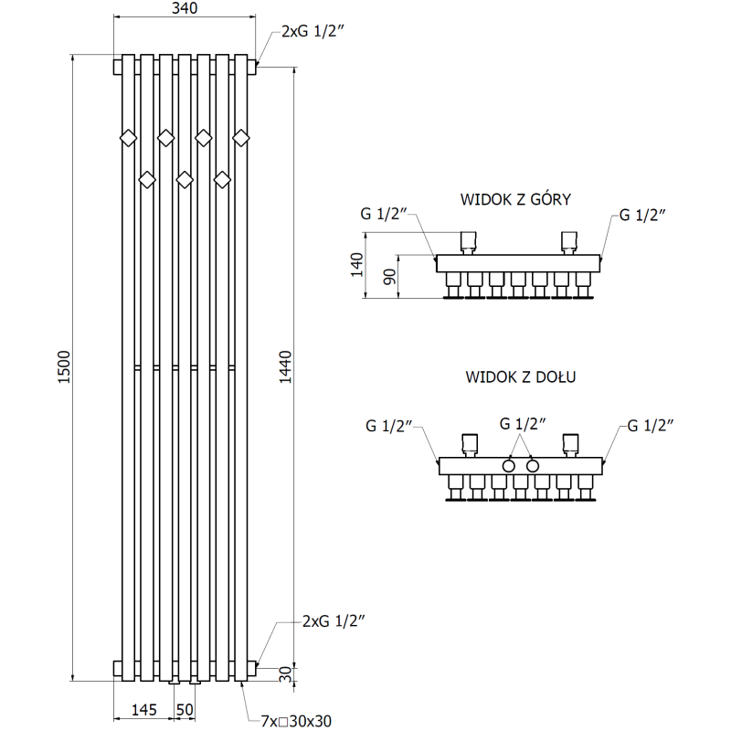 Mexen Flux διακοσμητικό καλοριφέρ μπάνιου 1500 x 340 mm, 630 W, ανθρακί - W127-1500-360-00-66