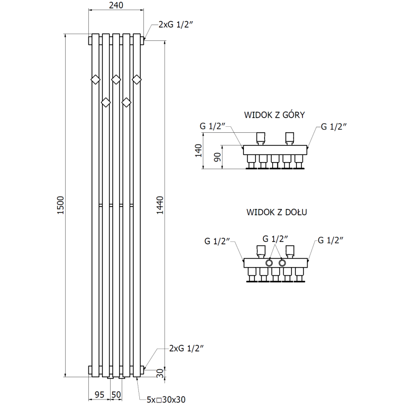 Mexen Flux radiateur de salle de bains décoratif 1500 x 240 mm, 450 W, blanc - W127-1500-240-00-20