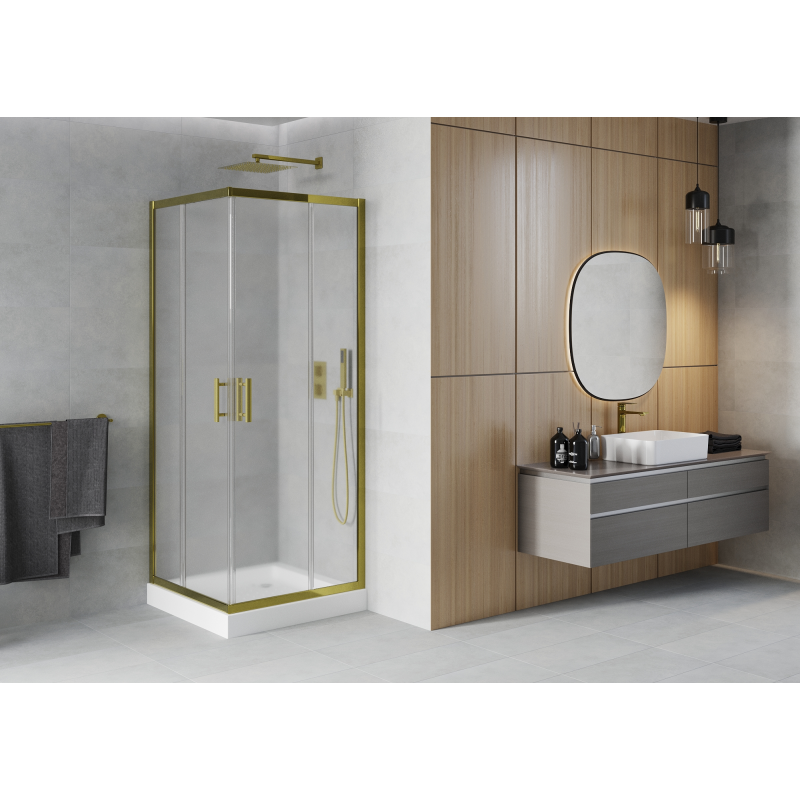 Mexen Rio Kvadratna pršna kabina 90 x 90 cm, matirana, zlata + pladenj, bela - 860-090-090-50-30-4510