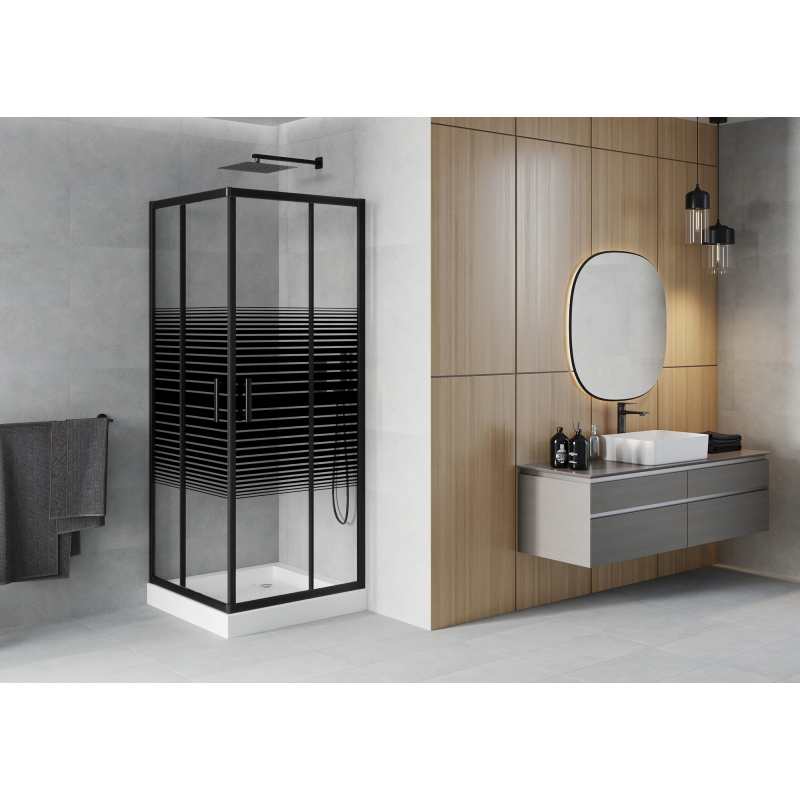Mexen Rio kvadratna tuš kabina 90 x 90 cm, crne trake, crna + plitica, bijela - 860-090-090-70-20-4510