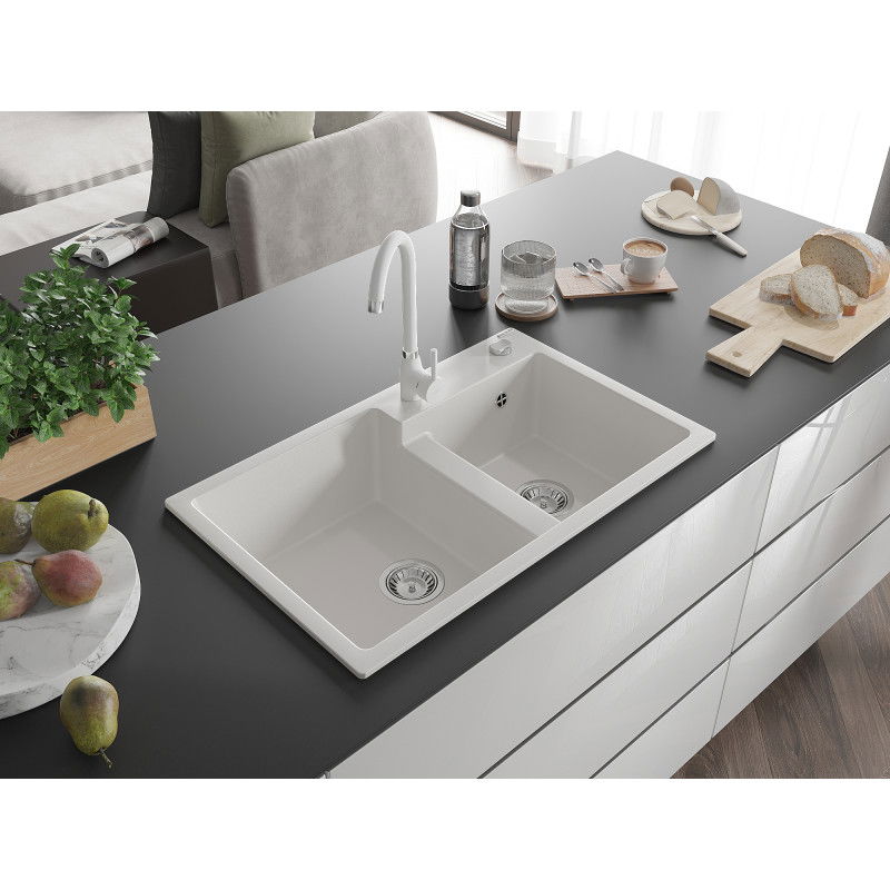 Mexen Tomas granite sink 2-chamber with Telma kitchen tap, white - 6516-20-670200-20