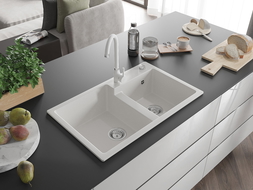 Mexen Tomas granite sink 2-chamber with Telma kitchen tap, white - 6516-20-670200-20