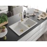 Mexen Tomas granite sink 2-bowl with Telma kitchen tap, white - 6516-20-670200-50