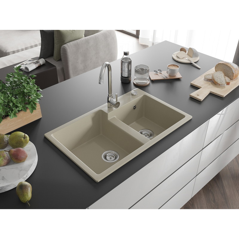 Mexen Tomas fregadero de granito de 2 cubetas con grifo de cocina Telma, beige - 6516-69-670200-00