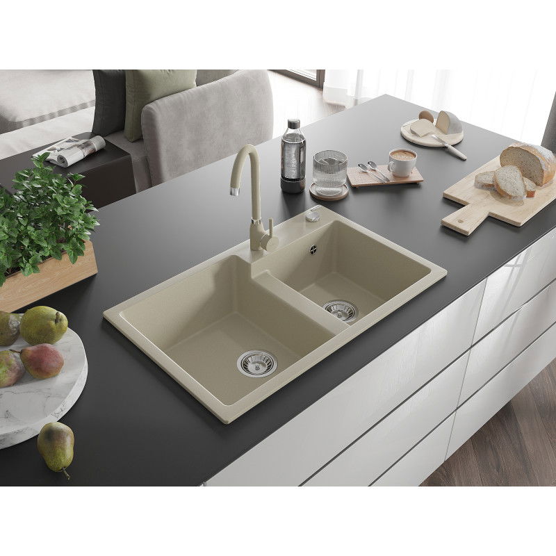 Mexen Tomas granite sink 2-bowl with Telma kitchen tap, beige - 6516-69-670200-69