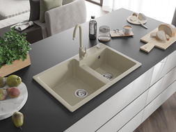 Mexen Tomas granite sink 2-bowl with Telma kitchen tap, beige - 6516-69-670200-69