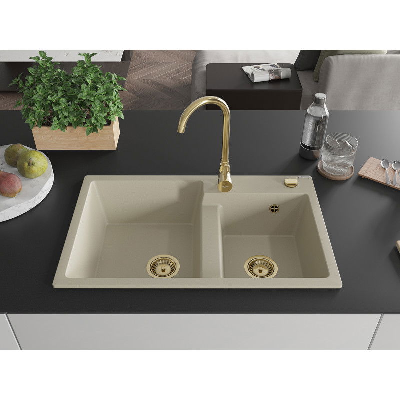 Mexen Tomas Granite Sink 2-Bowl with Telma Kitchen Tap, Beige - 6516-69-670200-50