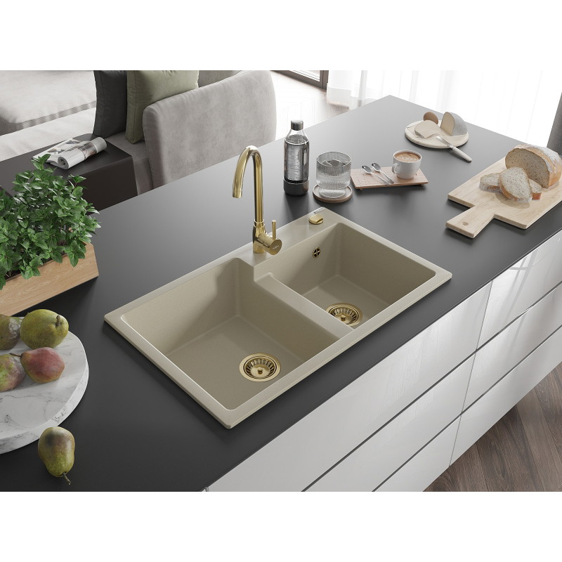 Mexen Tomas 2-Kammer Granitspüle mit Küchenarmatur Telma, beige - 6516-69-670200-50