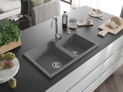 Mexen Tomas 2-compartment granite sink with a kitchen mixer tap Telma, Grey - 6516-71-670200-00