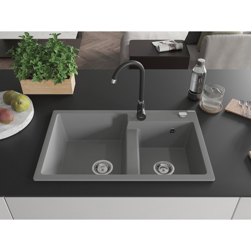 Mexen Tomas granite sink 2-bowl with Telma kitchen tap, grey - 6516-71-670200-70