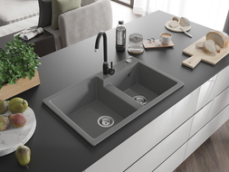 Mexen Tomas granite sink 2-bowl with Telma kitchen tap, grey - 6516-71-670200-70