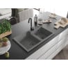 Mexen Tomas granite sink 2-bowl with Telma kitchen tap, grey - 6516-71-670200-70-B