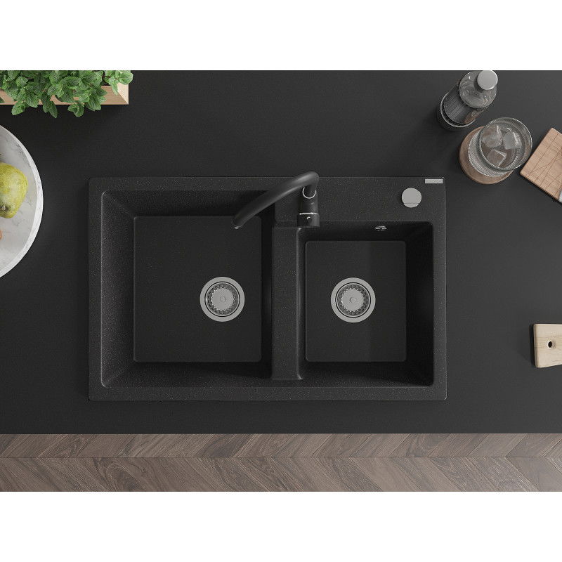 Mexen Tomas granieten gootsteen met 2 kamers en keukenkraan Telma, zwart/zilveren metallic - 6516-73-670200-70