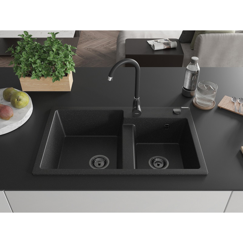 Mexen Tomas évier en granit à 2 bacs avec robinet de cuisine Telma, noir/métallisé argent - 6516-73-670200-70-B