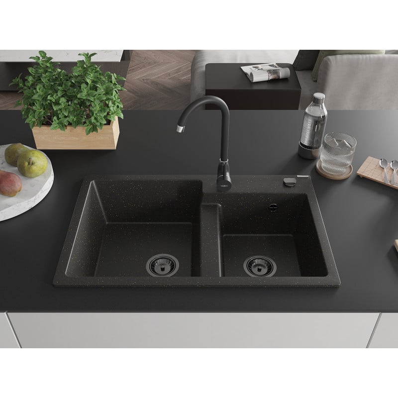 Mexen Tomas granite kitchen sink 2-bowl with Telma kitchen tap, black/gold metallic - 6516-75-670200-70-B