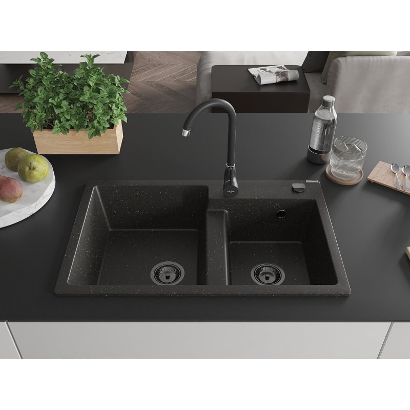 Mexen Tomas granite kitchen sink 2-chamber with Telma kitchen faucet, black/gold metallic - 6516-75-670200-70-B