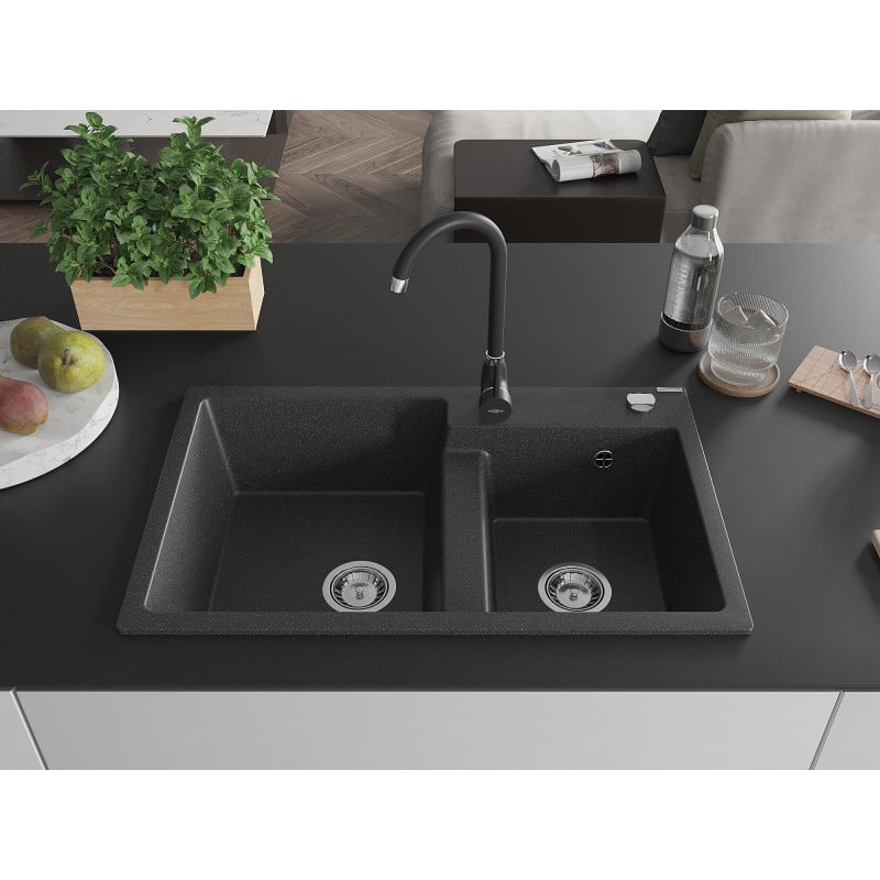 Mexen Tomas 2-bowl Granite Sink with Telma Kitchen Tap, Black Speckled - 6516-76-670200-70