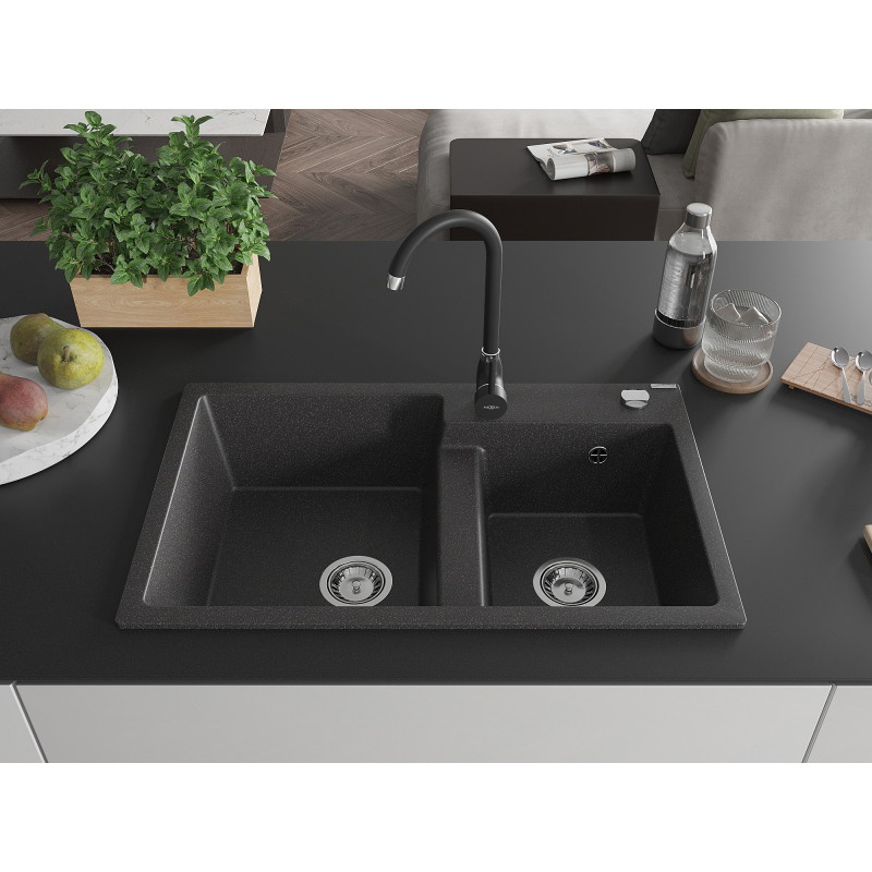 Mexen Tomas fregadero de granito de 2 senos con grifo de cocina Telma, negro moteado - 6516-76-670200-70