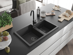 Mexen Tomas granite sink 2-bowl with Telma kitchen tap, black speckled - 6516-76-670200-70-B