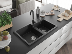 Mexen Tomas fregadero de granito de 2 cubetas con grifo de cocina Telma, negro - 6516-77-670200-70