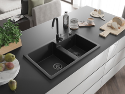Mexen Tomas granite sink 2-bowl with Telma kitchen tap, black - 6516-77-670200-70-B