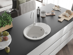 Mexen Kevin 1-bowl granite sink with drainer and Telma kitchen tap, white - 6517-20-670200-20
