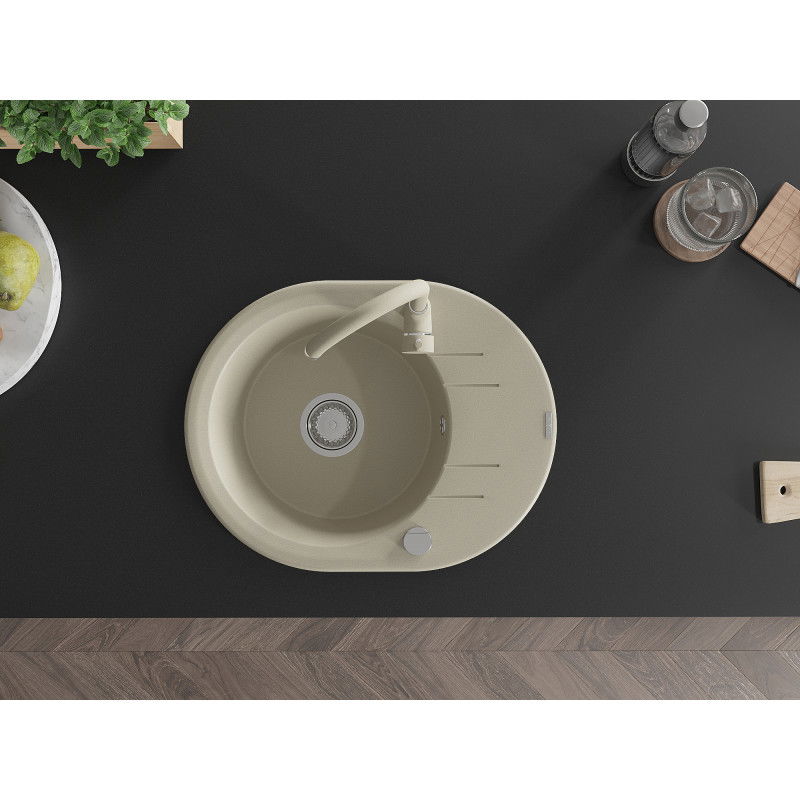 Mexen Kevin 1-basin granite sink with drainer and Telma kitchen tap, beige - 6517-69-670200-69