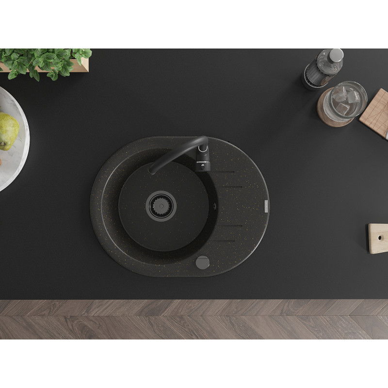 Mexen Kevin lavello in granito a 1 vasca con scolapiatti e rubinetto da cucina Telma, nero/oro metallizzato