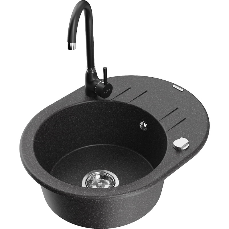 Mexen Kevin fregadero de granito de 1 seno con escurridor y grifo de cocina Telma, negro moteado - 6517-76-670200-70