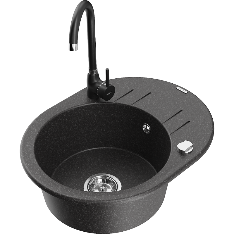 Mexen Kevin granitdiskbänk med en ho och avrinning och köksblandare Telma, svart med prickar - 6517-76-670200-70