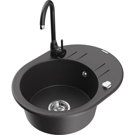 Mexen Kevin 1-bowl granite sink with drainer and Telma kitchen faucet, speckled black - 6517-76-670200-70