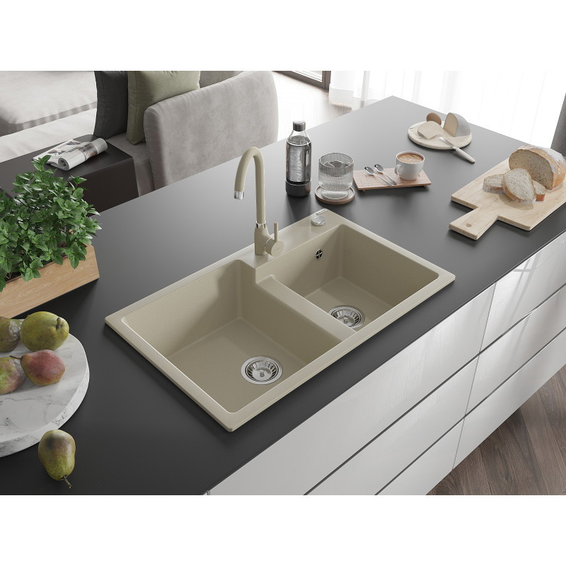 Mexen Tomas fregadero de granito 2 cubetas 800 x 500 mm, beige, sifón cromo - 6516802000-69