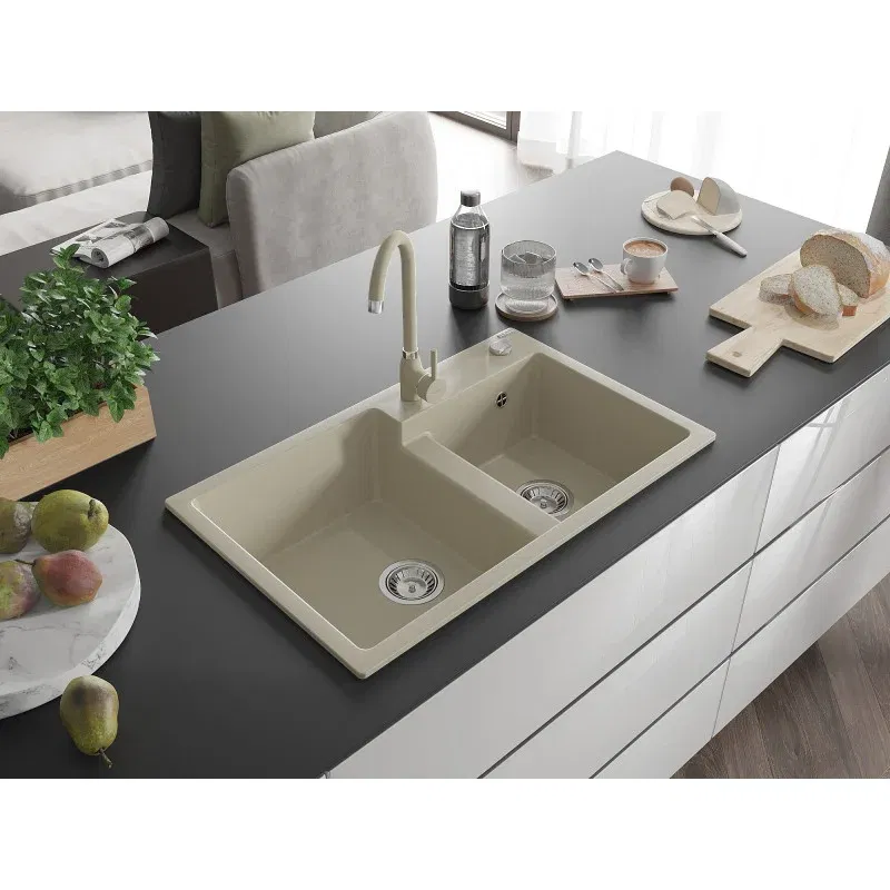 Mexen Tomas Granitspüle 2-Becken 800 x 500 mm, beige, Chrom-Siphon - 6516802000-69