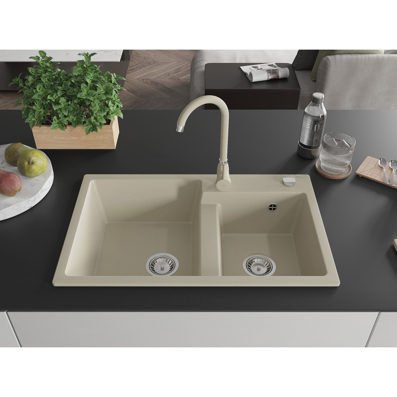 Mexen Tomas fregadero de granito 2 cubetas 800 x 500 mm, beige, sifón cromo - 6516802000-69