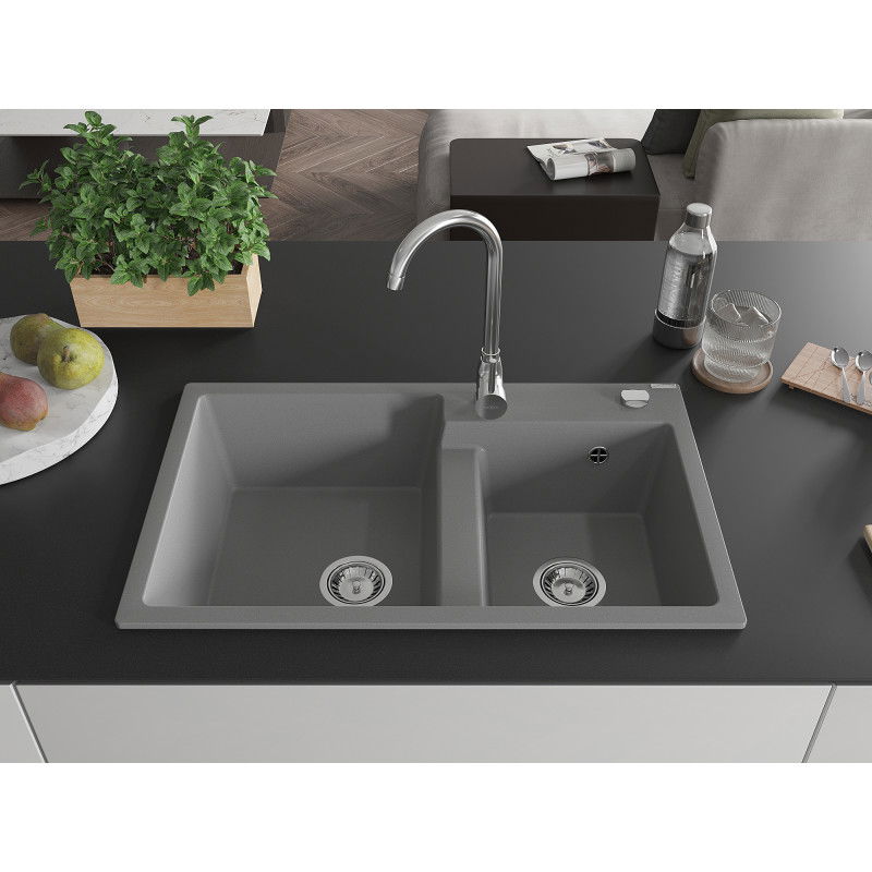 Mexen Tomas lavello in granito a 2 vasche 800 x 500 mm, grigio, sifone cromato - 6516802000-71
