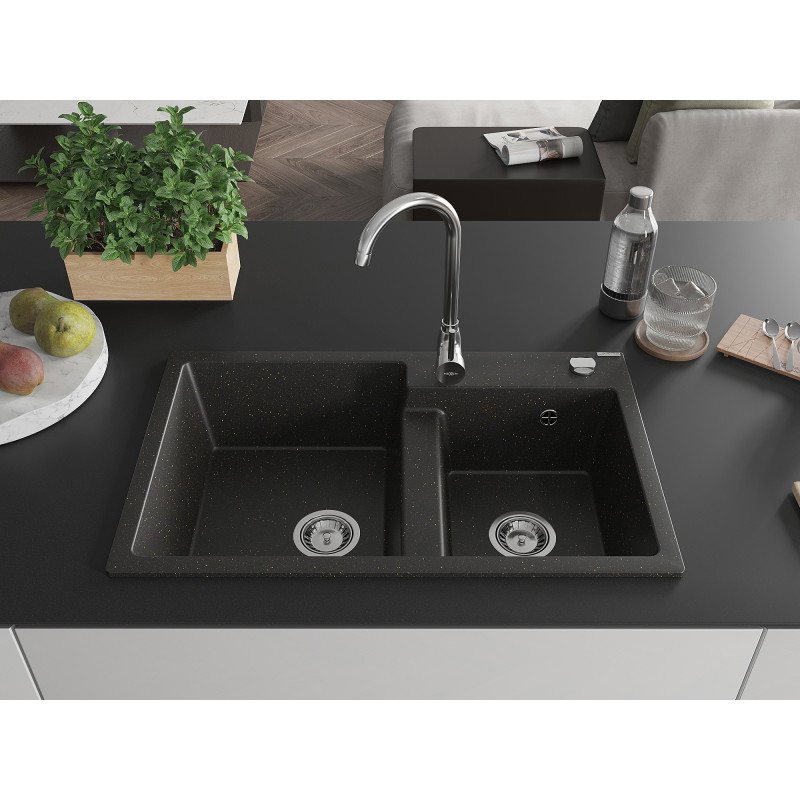 Mexen Tomas granit gootsteen met 2 kommen 800 x 500 mm, zwart/goud metallic, chrom sifon - 6516802000-75