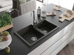 Mexen Tomas graniitist 2-kambriline valamu 800 x 500 mm, must/kuldne metallik, kroomitud sifoon - 6516802000-75