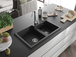 Mexen Tomas granite kitchen sink with 2 bowls 800 x 500 mm, black, chrome siphon - 6516802000-77