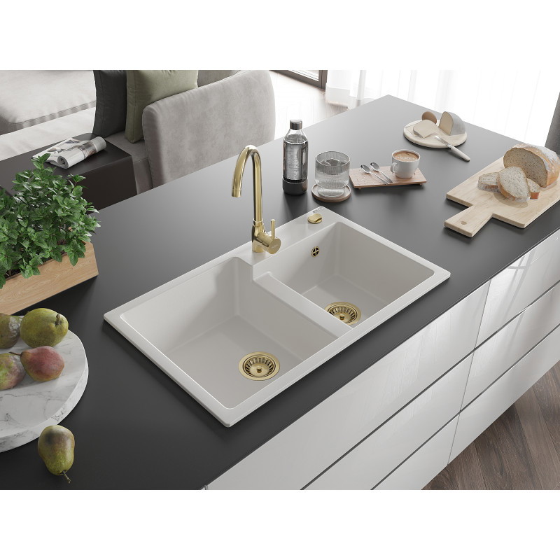 Mexen Tomas fregadero de granito de 2 cubetas 800 x 500 mm, blanco, sifón dorado - 6516802000-20-G