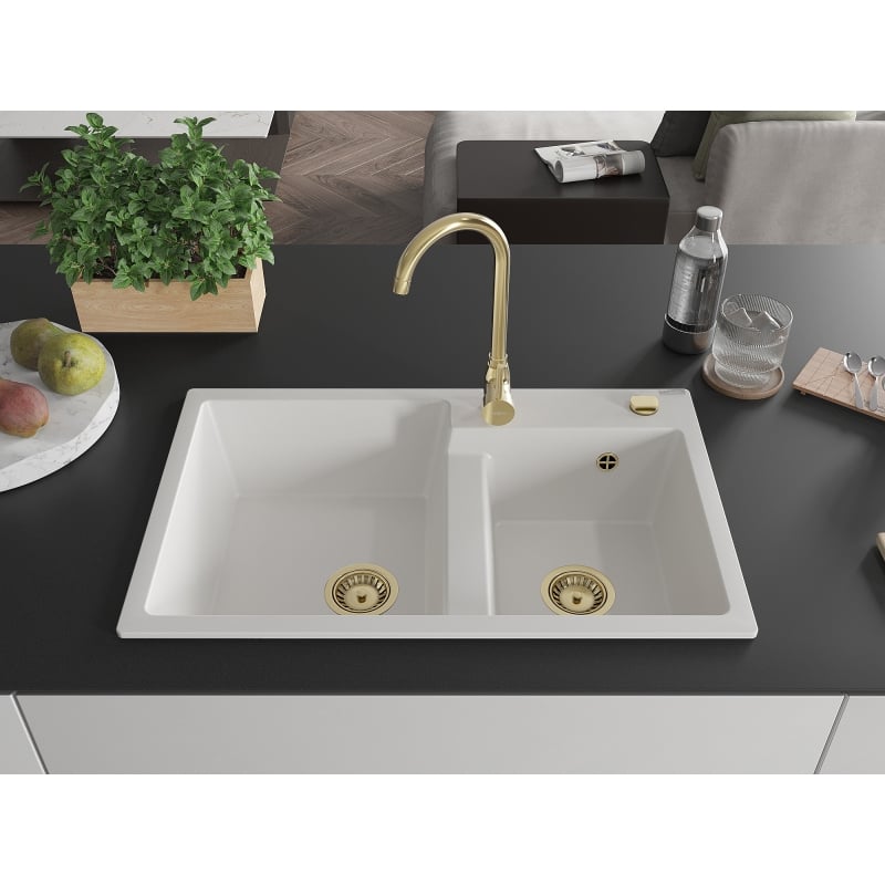 Mexen Tomas fregadero de granito de 2 cámaras 800 x 500 mm, blanco, sifón dorado - 6516802000-20-G