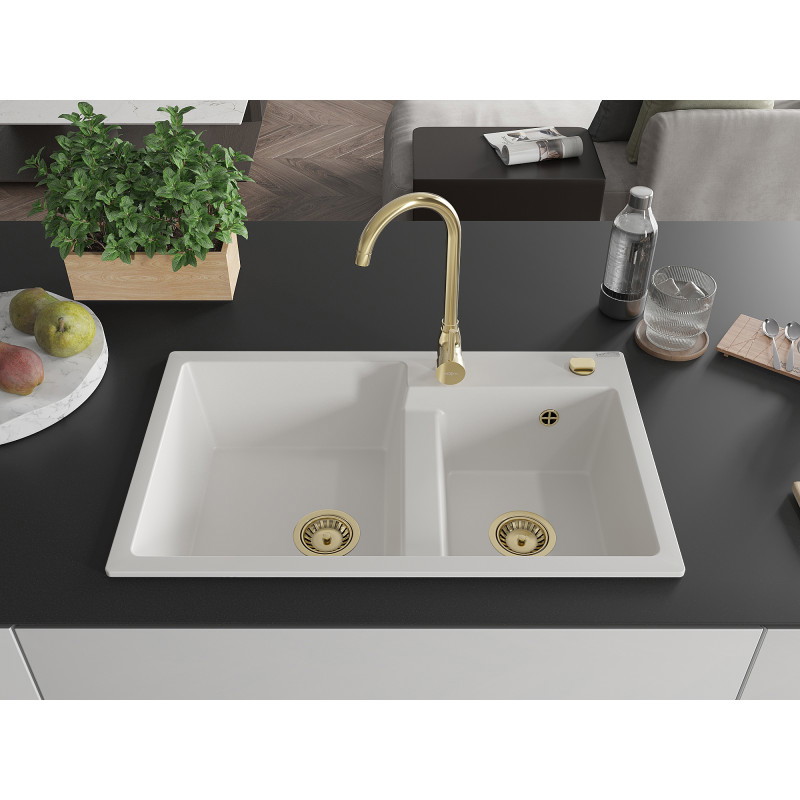 Mexen Tomas Granitspüle 2-Becken 800 x 500 mm, weiß, goldener Siphon - 6516802000-20-G