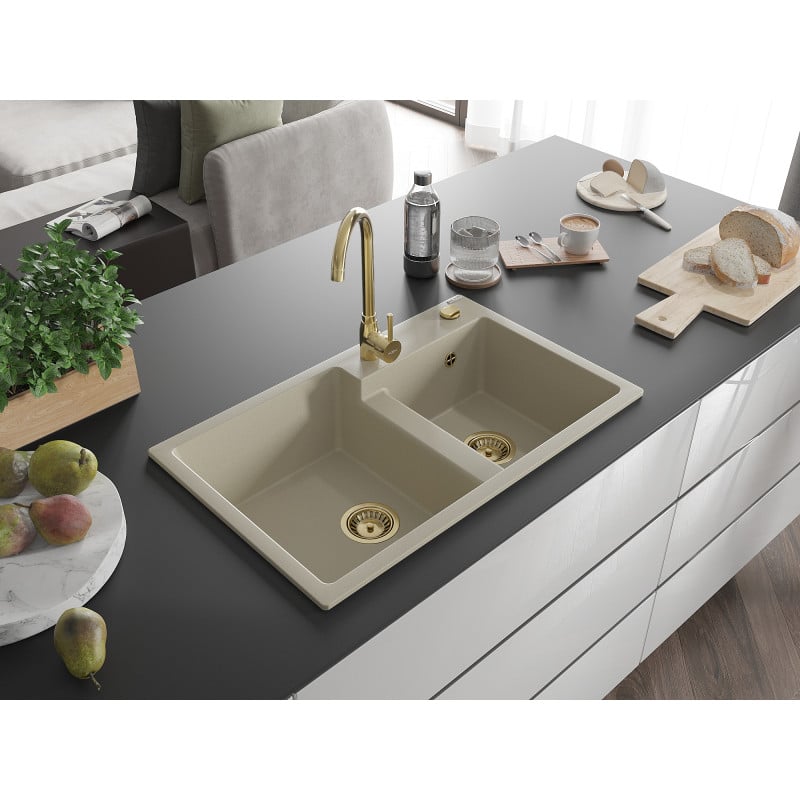 Mexen Tomas fregadero de granito de 2 cubetas 800 x 500 mm, beige, sifón dorado - 6516802000-69-G