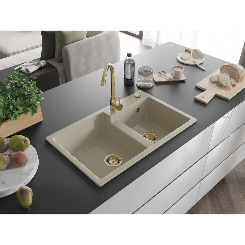 Mexen Tomas granitische gootsteen met 2 compartimenten 800 x 500 mm, beige, gouden sifon - 6516802000-69-G