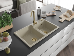Mexen Tomas granieten spoelbak 2-kamer 800 x 500 mm, beige, gouden sifon - 6516802000-69-G