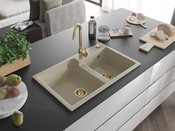 Mexen Tomas Granitspüle 2-Kammer 800 x 500 mm, beige, goldener Siphon - 6516802000-69-G