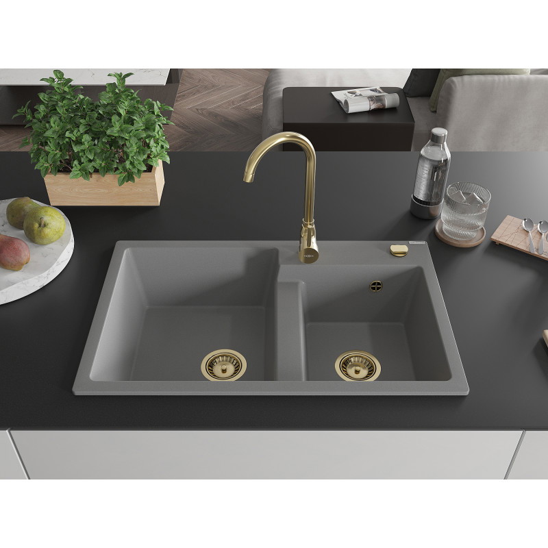 Mexen Tomas évier en granit à 2 bacs 800 x 500 mm, gris, siphon doré - 6516802000-71-G